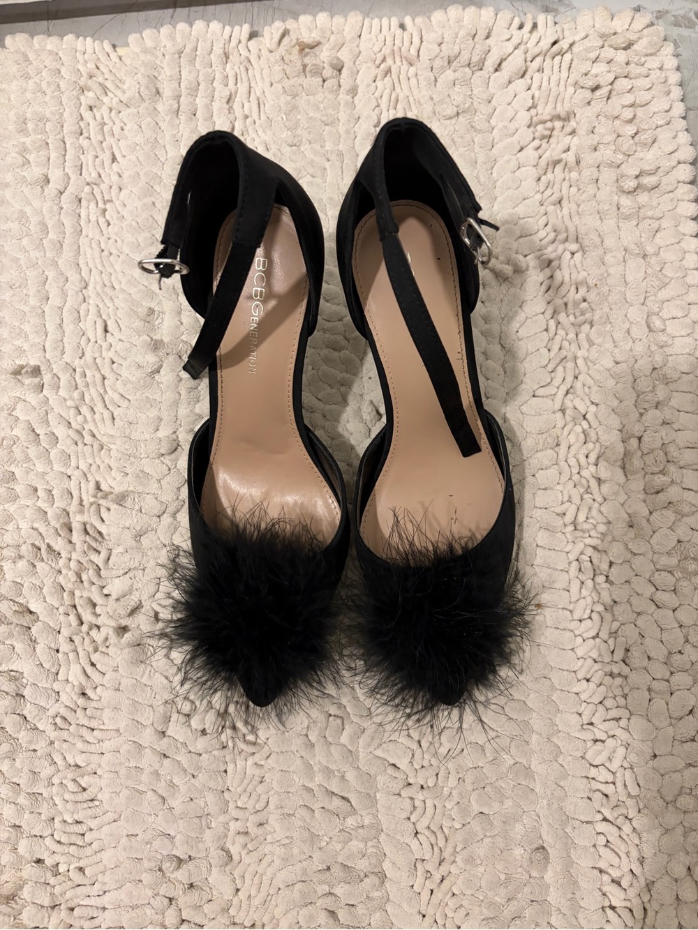 BCBG Black Pom-Pom Ankle-Strap Heels